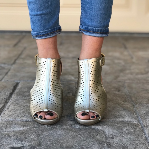 Metallic Gold Perforated Block Heel Peep Toe Boots - Picture 4 of 7